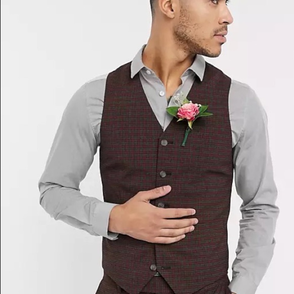 ASOS DESIGN wedding skinny suit waistcoat in Burgundy